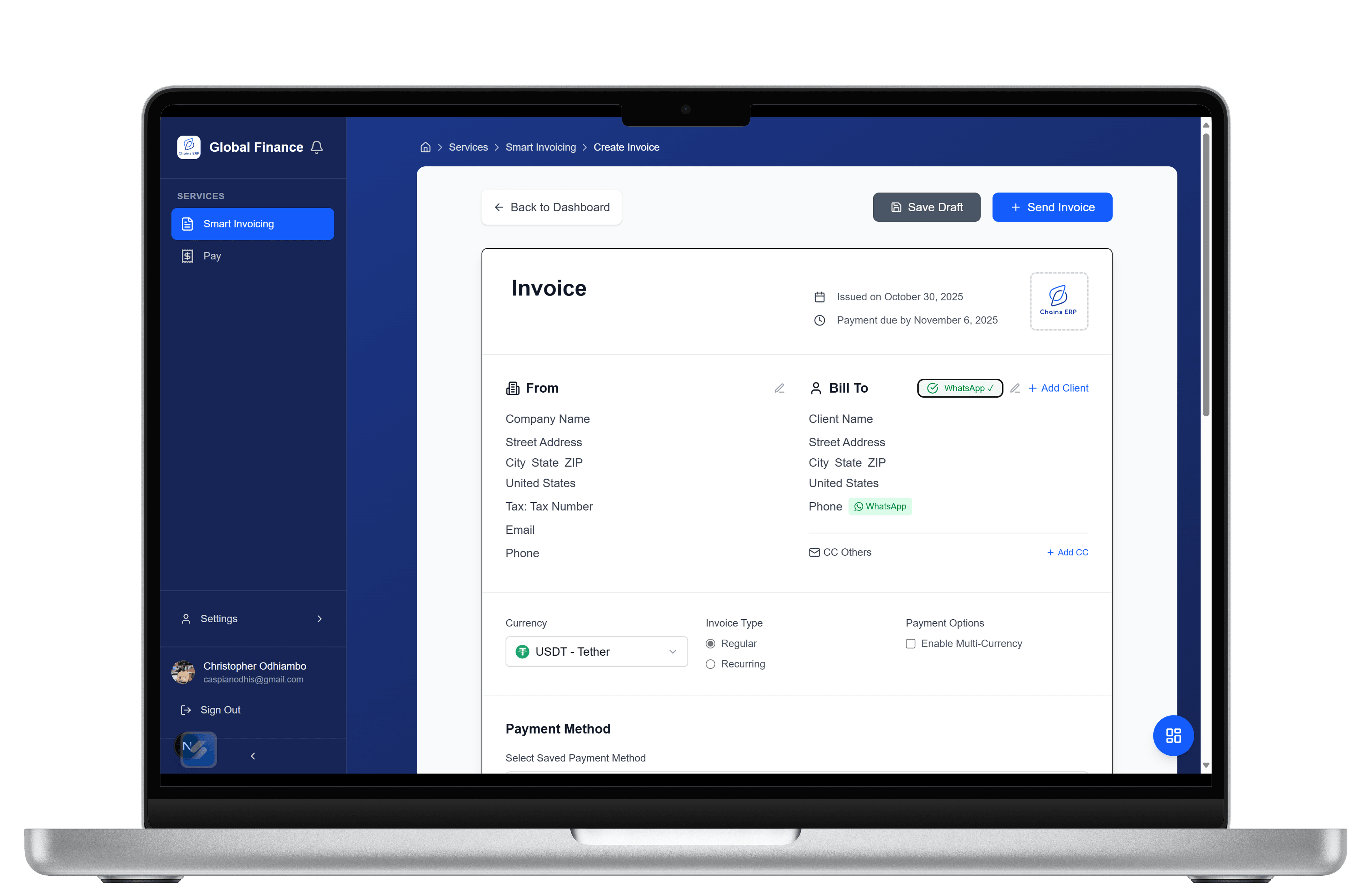 ChainsERP Dashboard - Desktop View