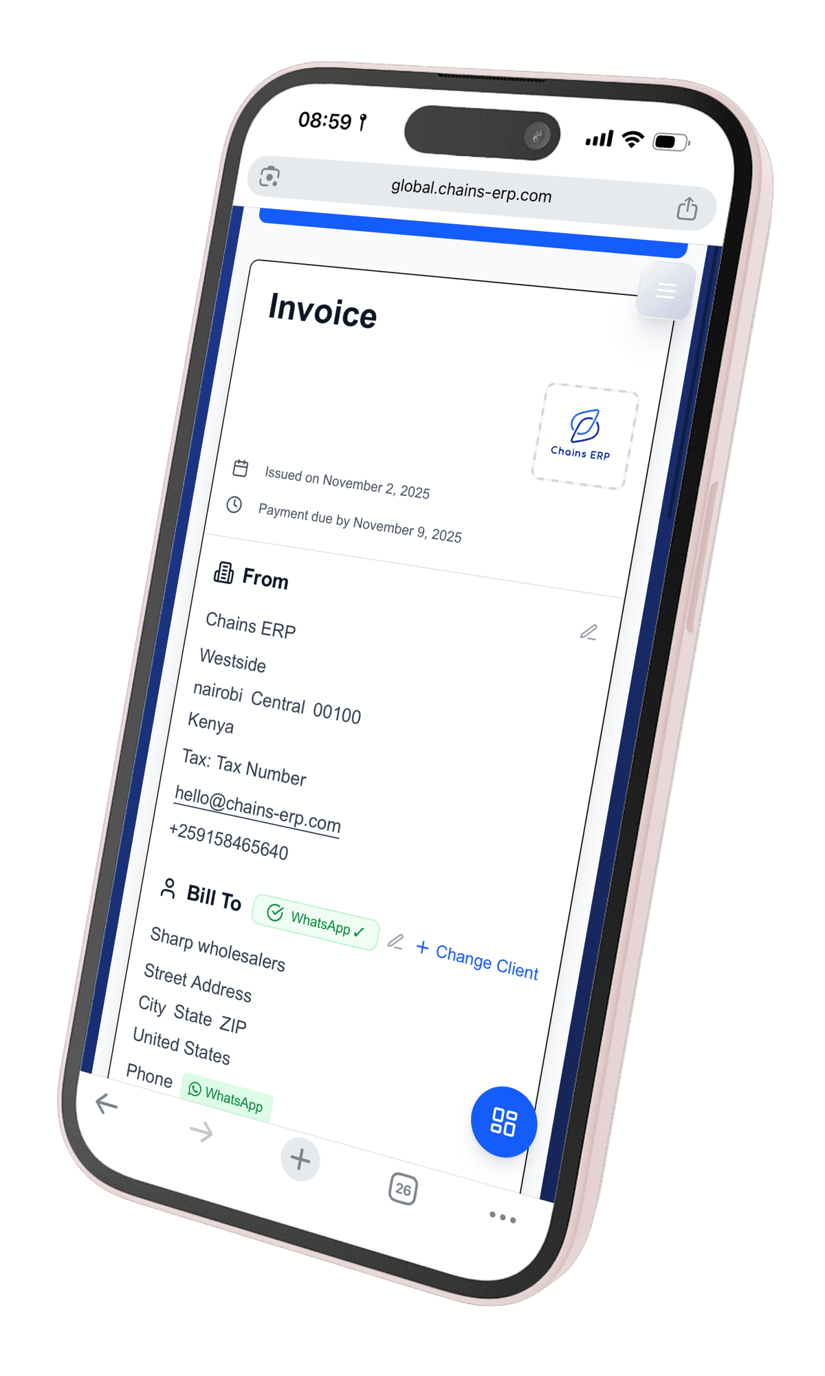 ChainsERP Dashboard - Mobile View